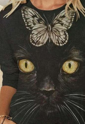 Casual Cat& Butterfly print Rpund neck Long sleeve T-Shirts