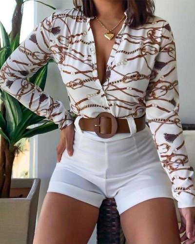 Fashion Print Stand collar Long sleeve Blouses