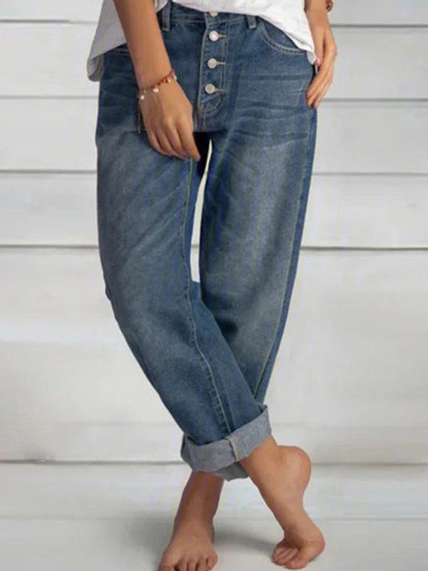Women casual button design long pants blue denim jeans