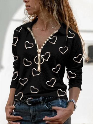 Love digital printed V-neck zipper fashion casual long sleeve T-shirts