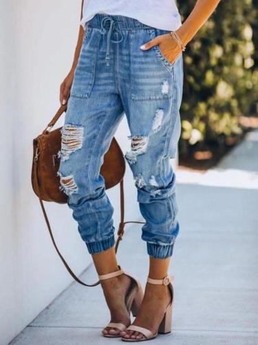 Loose elastic waist jeans high-rise ripped pocket trousers women long pants