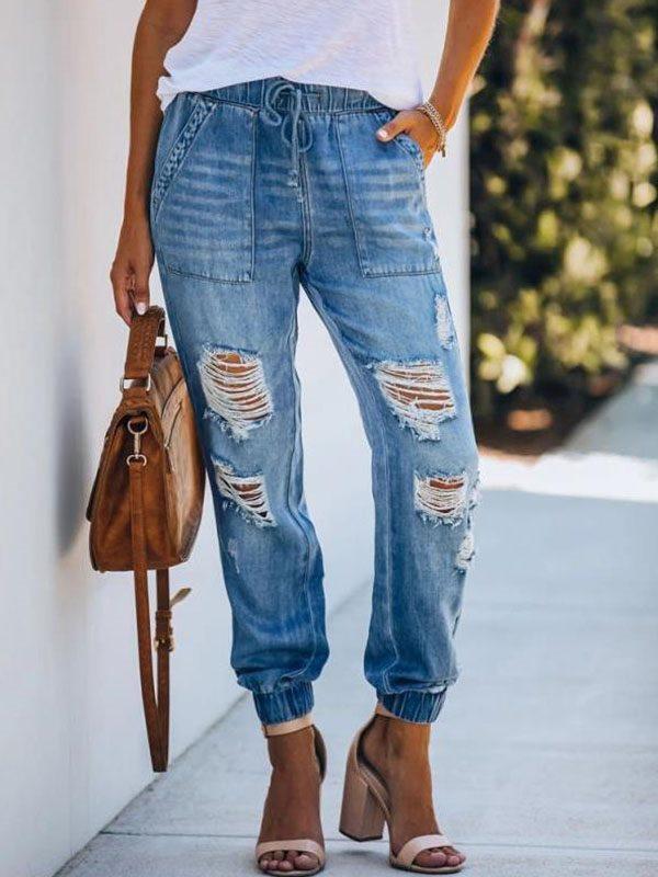 Loose elastic waist jeans high-rise ripped pocket trousers women long pants