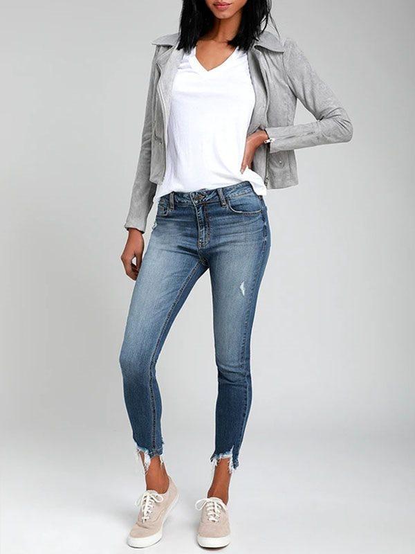 Washed white fringed stretch jeans long pants