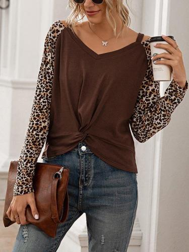 Leopard printed splicing V-neck off shoulder casual long-sleeve T-shirts women top