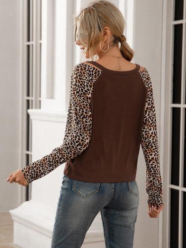 Leopard printed splicing V-neck off shoulder casual long-sleeve T-shirts women top