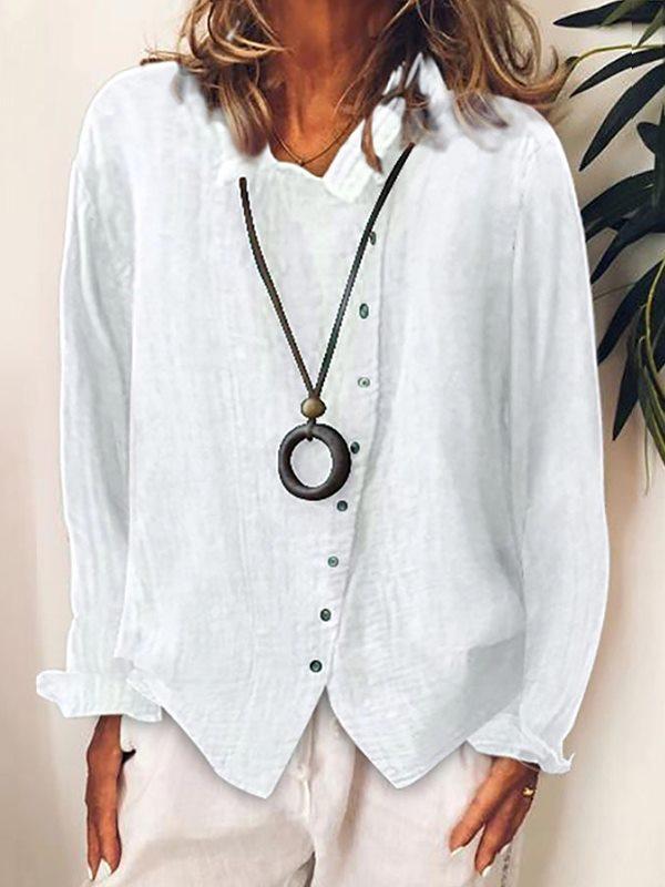 Ladies plus size loose pure color cotton linen long sleeve blouses