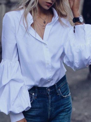 Solid color lantern long-sleeved shirt top blouses
