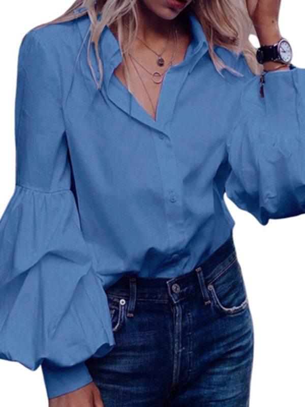 Solid color lantern long-sleeved shirt top blouses