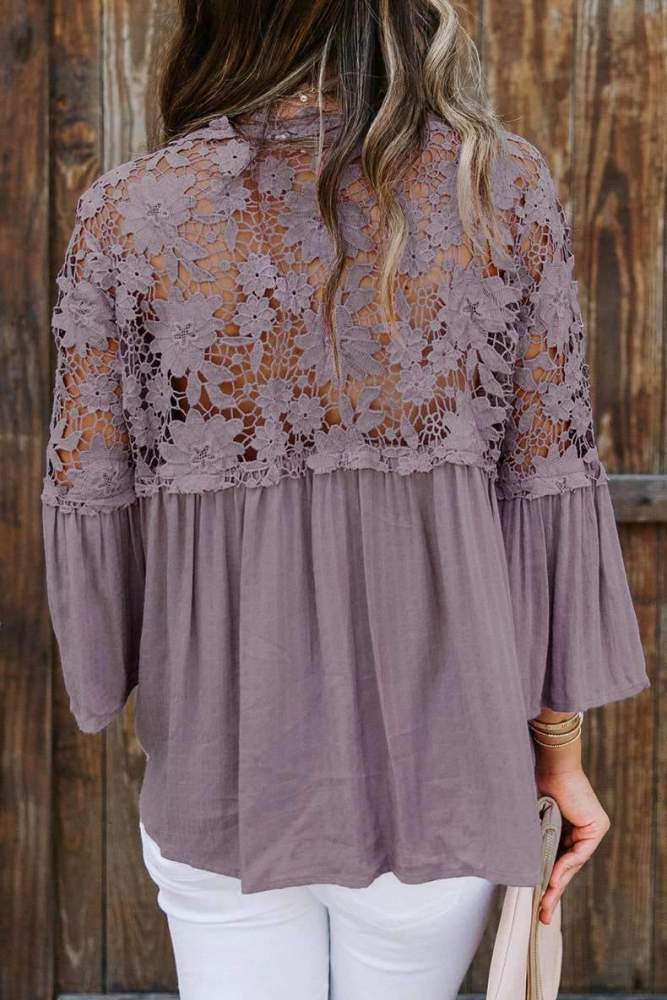 Casual Pure Lace Hollow out V neck Long sleeve Blouses