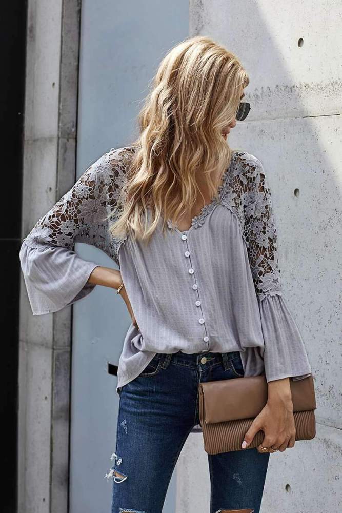 Casual Pure Lace Hollow out V neck Long sleeve Blouses