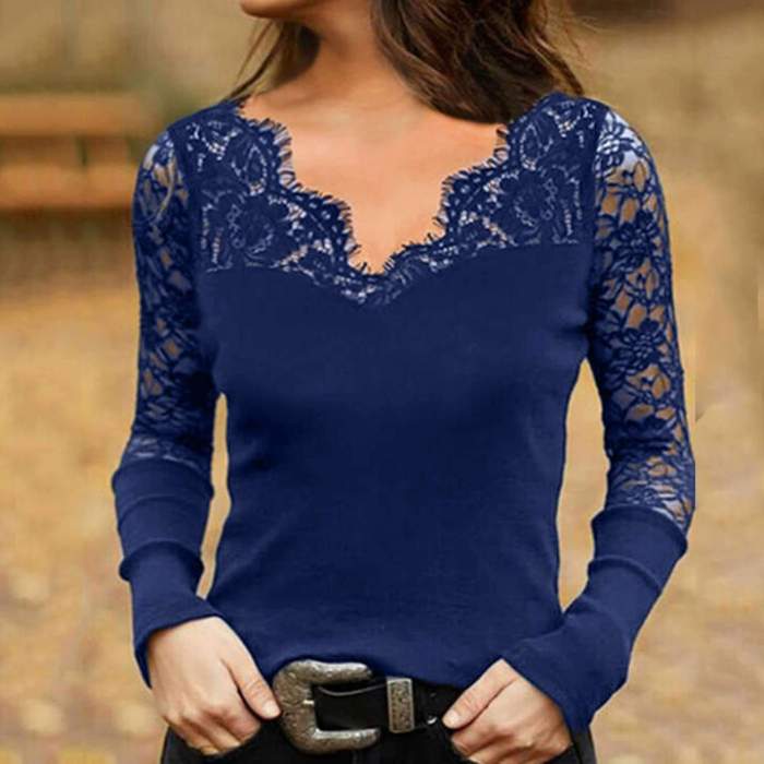 Sexy Pure Lace Hollow out V neck Long sleeve T-Shirts