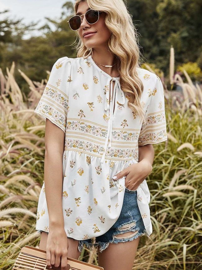 Casual Loose Print Round neck Lacing Short sleeve T-Shirts