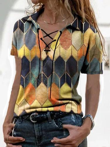 Large lapel turn down neck short-sleeved retro printing urban casual loose T-shirts