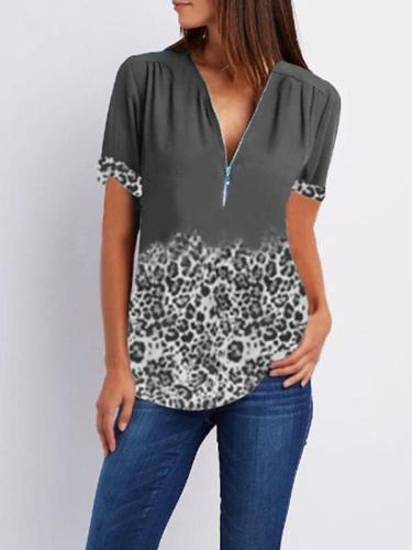 Summer leopard printed hit color V-neck zipper short-sleeved shirt T-shirt