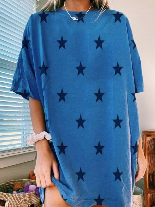 Casual Loose Star print Round neck Short sleeve Shift Dresses