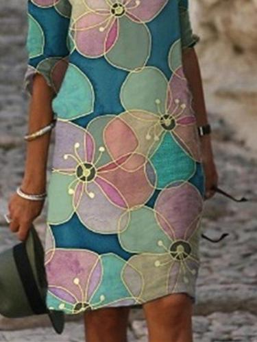 V-neck stitching retro printed long sleeve shift women dresses