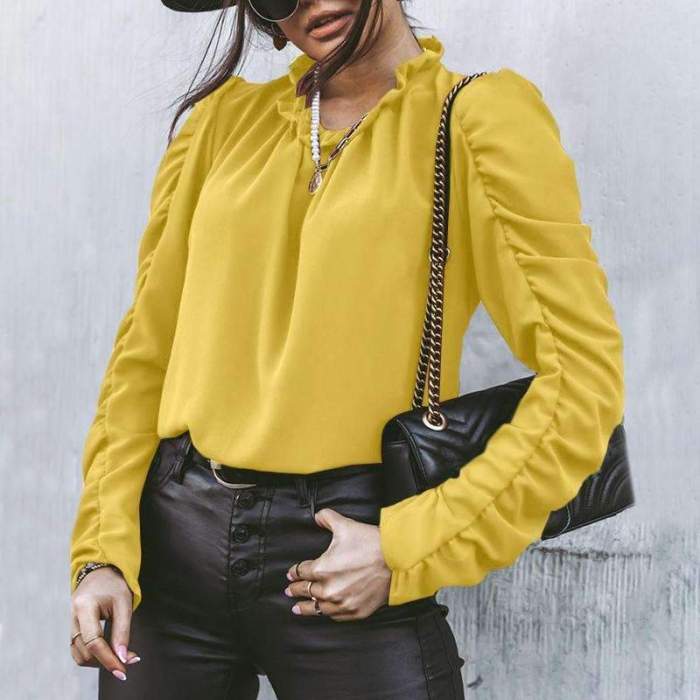 Pure Plicated Round neck Long sleeve Blouses