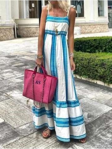 Fashion Stripe Gored One shoulder Vest Maxi Dresses