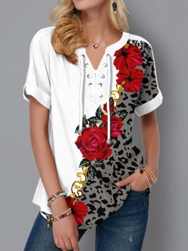 Fashion Casual Floral print V neck Short sleeve Lacing T-Shirts