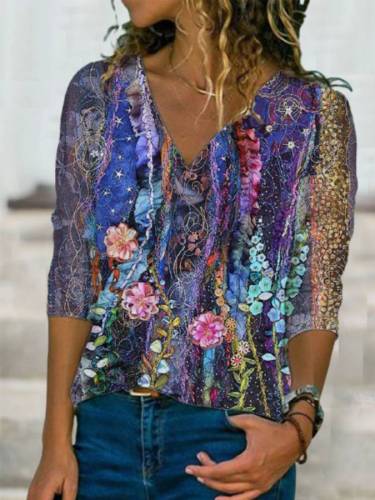 Blue Floral Shift Casual V Neck Tops T-Shirts