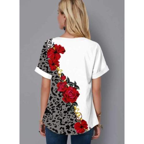 Fashion Casual Floral print V neck Short sleeve Lacing T-Shirts