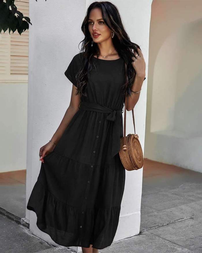 Pure Casual Round neck Short sleeve Lacing Skater Dresses