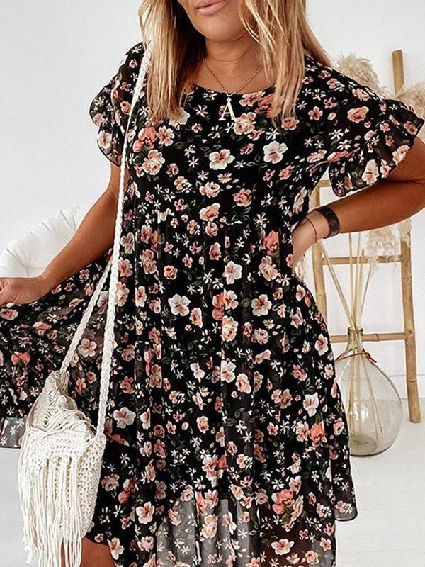 Round Neck Floral Printed Lotus sleeve Loose Shift Dresses