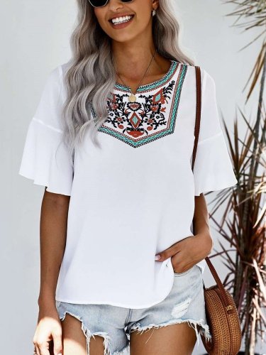 Casual Embroidery Round neck Short sleeve T-Shirts