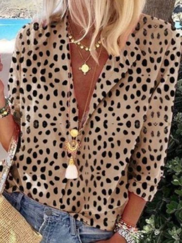 Fashion Lapel  Leopard print Long sleeve Blouses