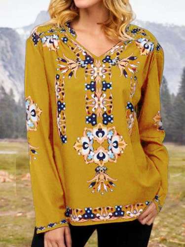 Casual Floral print V neck Long sleeve T-Shirts