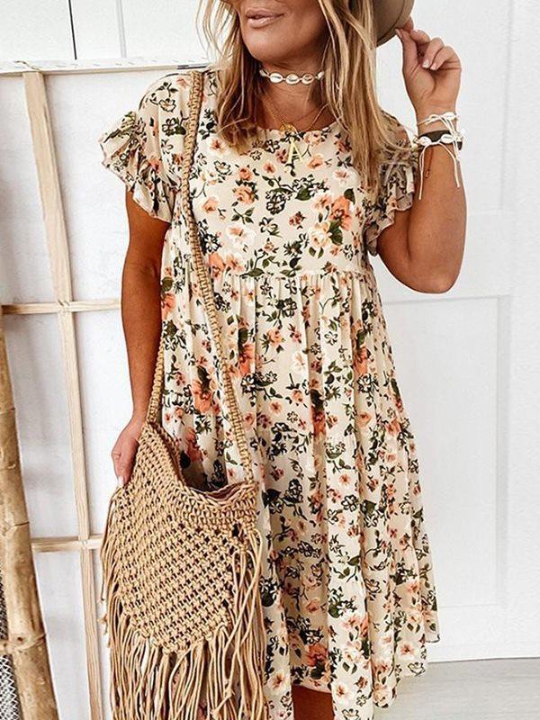 Round Neck Floral Printed Lotus sleeve Loose Shift Dresses