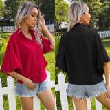 Casual Pure Stand collar Falbala Short sleeve Blouses