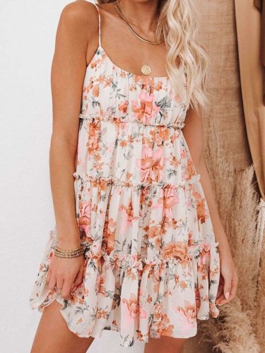 Casual Loose Floral print Gored Sleeveless Vest Shift Dresses