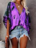 Women v neck button design colorful printed Tie dye Half Sleeve T-shirts