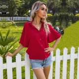 Casual Pure Stand collar Falbala Short sleeve Blouses