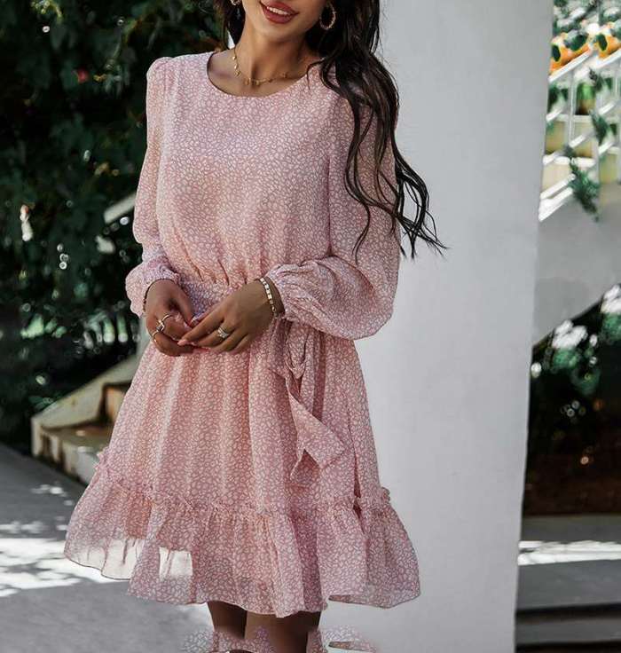 Casual Print Round neck Long sleeve Lacing Skater Dresses