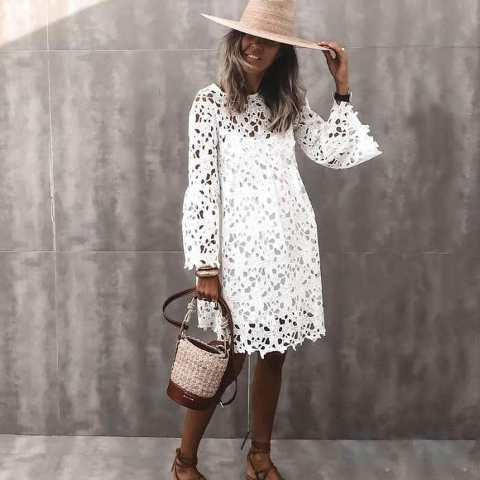 Casual Loose Pure Lace Hollow out Round neck Long sleeve Shift Dresses