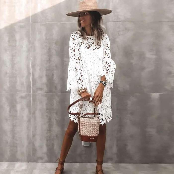 Casual Loose Pure Lace Hollow out Round neck Long sleeve Shift Dresses