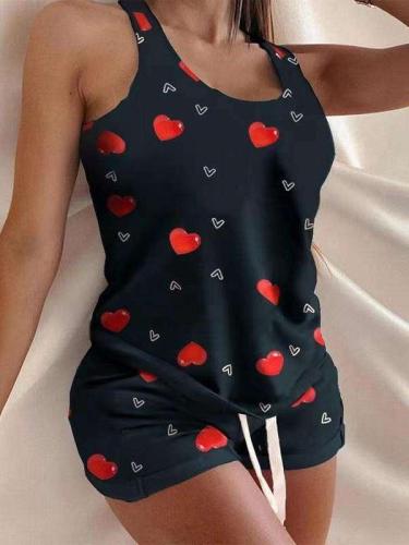 Sexy Casual Print Round neck Vest&Shorts Suits