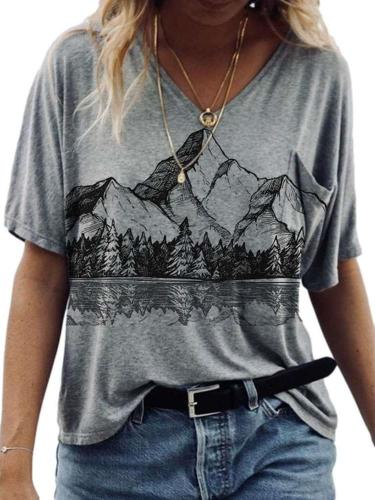 Women Casual Loose Mountains print V neck Short sleeve T-Shirts