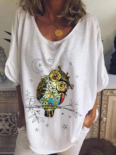 Casual Loose Owl print Round neck Short sleeve T-Shirts