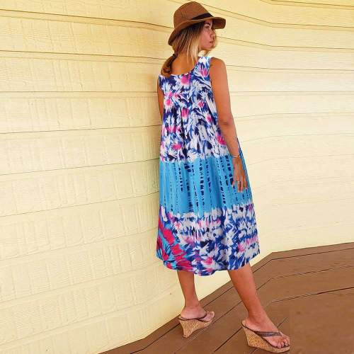 Casual Loose Floral print Round neck Sleeveless Shift Dresses