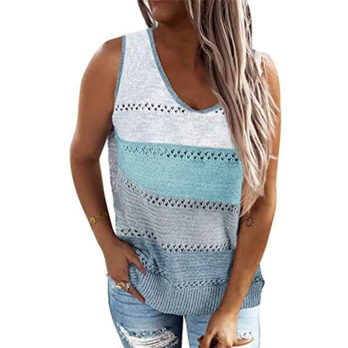 Casual Stripe Hollow out Round neck Knit Vests
