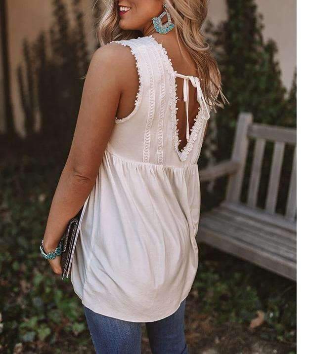 Casual Loose Pure Square collar Lace Sleeveless Vests