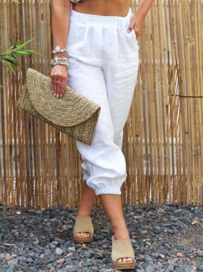 White Solid Casual Linen Pants