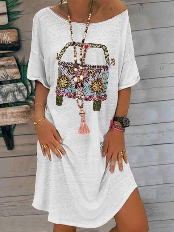 White Casual Printed Short Sleeve Crew Neck Dresses