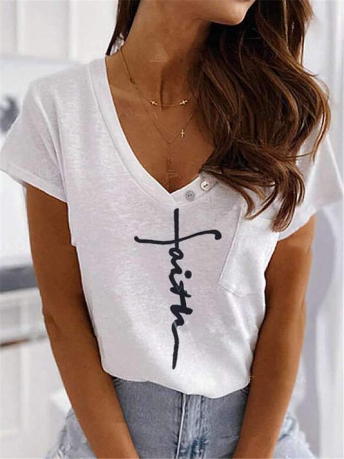 Casual Word print V neck Short sleeve T-Shirts