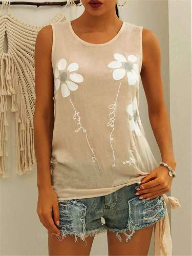 Casual Floral print Round neck Sleeveless Vests
