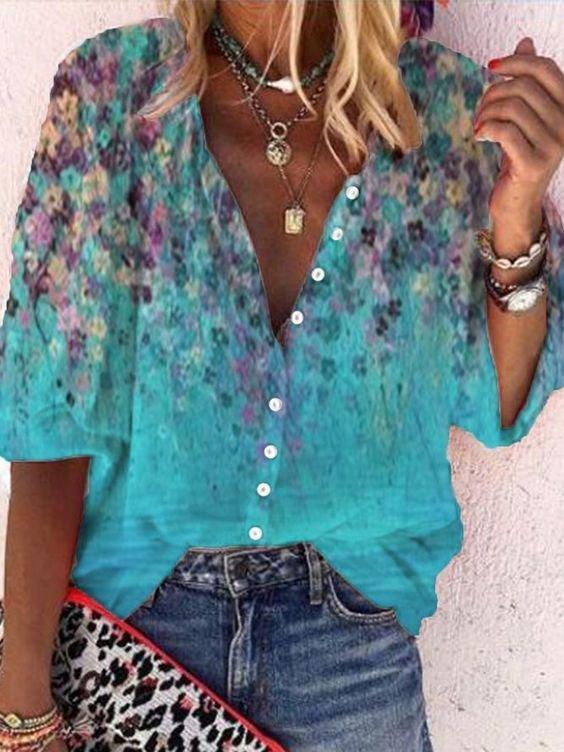 Blue Printed Floral Casual Shirts & Tops