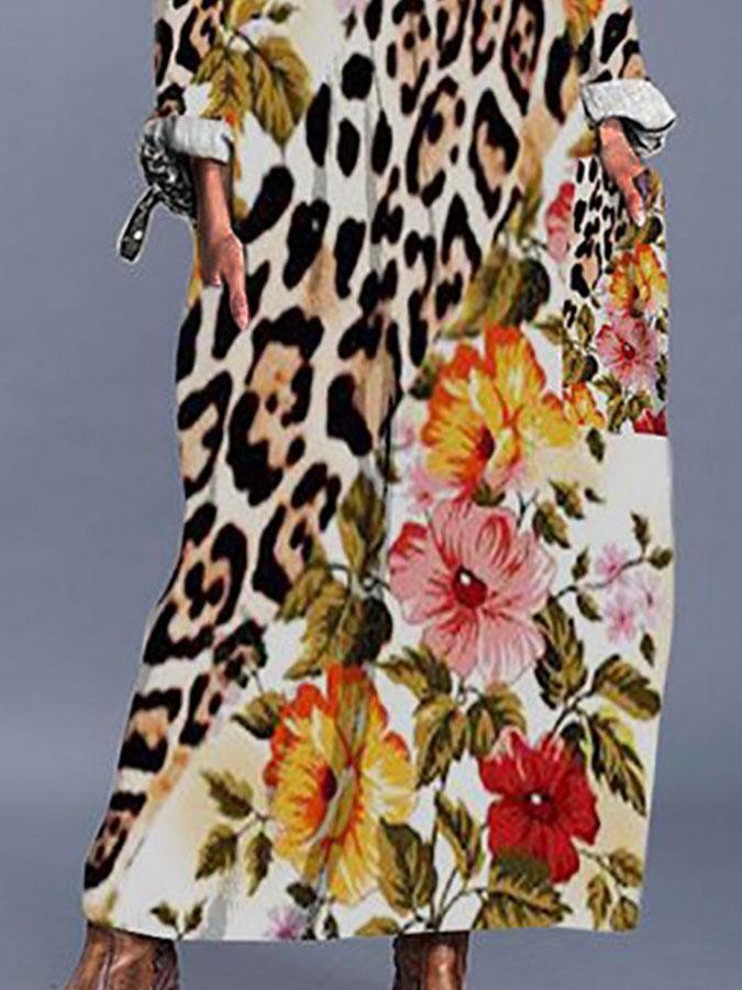 Brown Floral-Print Long Sleeve Shift Vintage Dresses